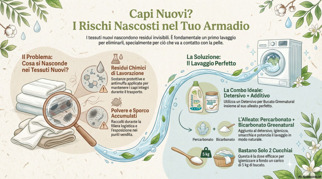 Infografica che mostra i passaggi salienti dell'articolo su i rischi di indossare capi nuovi e il primo lavaggio.